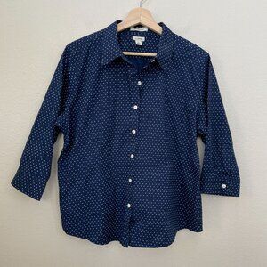 LL Bean Womens Large Petite Wrinkle Free Blue Polka Dot Shirt 3/4 Sleeve Blouse